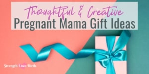 A wrapped gift for pregnancy with teal ribbon